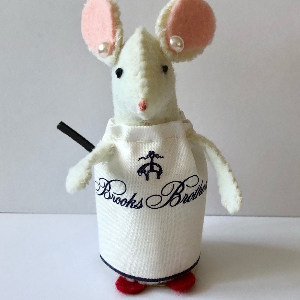 Felt mouse Art Doll Brooks Brothers Ribbon Dress Hand-sewn cake topper recycled